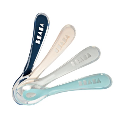 BEABA, Lot de 4 cuillères 2ème âge silicone (dark blue+pink+light mist+airy green)